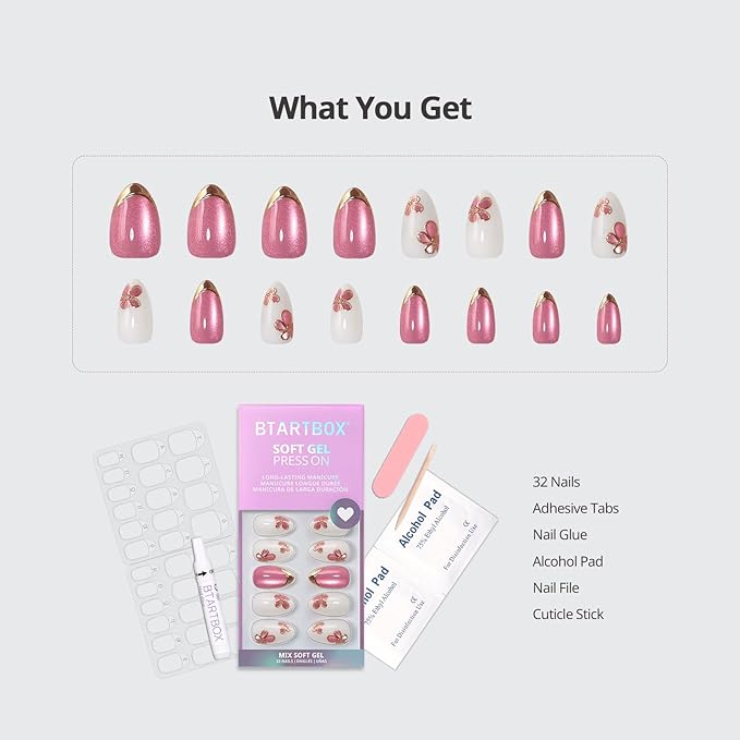 BTArtbox Press On Nails Almond - Confetti Petals, Flower Short Press On Nails with Glue and Adhesive Tabs for Women in 16 Sizes - 32 Soft Gel Glue On Nails Kit