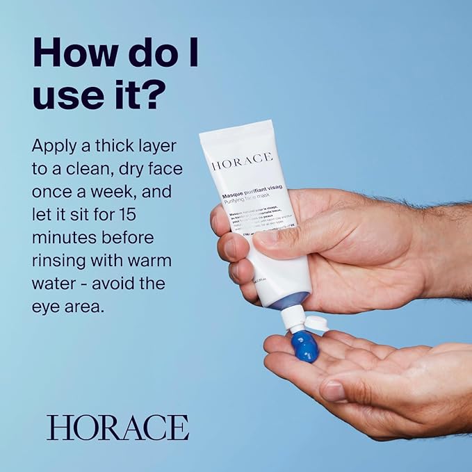 HORACE Purifying Face Mask for Men - Facial Deep Cleanse with Kaolin Clay and Blue Everlasting Flower - Pore Refining Skincare for All Skin Types - Unscented, 2.45 fl.oz