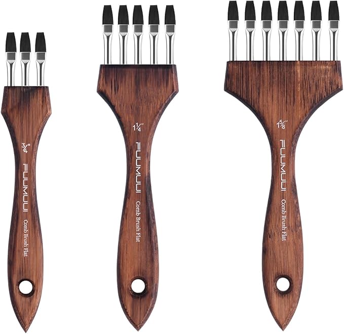 Fuumuui Grainer Brush Set - 3Pcs Professional Multi-Tooth Brushes, Flat Head Comb Brush Set Designed for Textures and Special Effects for Acrylic Painting, Oil & Watercolor, Short Handle