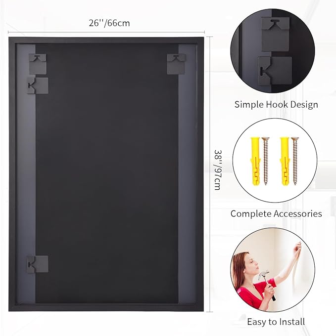 Koonmi Black Mirrors for Wall, 26x38 Inch Bathroom Mirror, Rectangular Wall Mirror for Living Room Bedroom Bathroom, Hangs Horizontally or Vertically