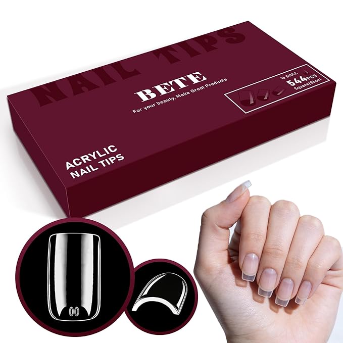 BETE Short Square Nail Tips, 544Pcs 16 Sizes, Clear Acrylic Full Cover False Nails, Pre-Shaped, Strong & Thicker, Long Lasting Press on Nails for DIY at Home & Salon