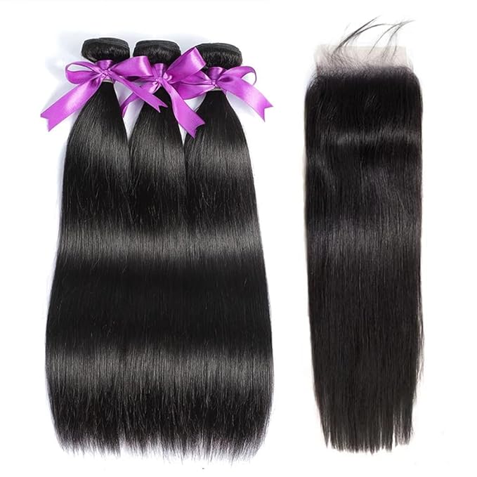 Straight Bundles with Closure Human Hair 10 12 14+10 Brazilian Human Hair Bundles with Closure Straight 100% Unprocessed Virgin Weave Hair Bundles with Lace Closure