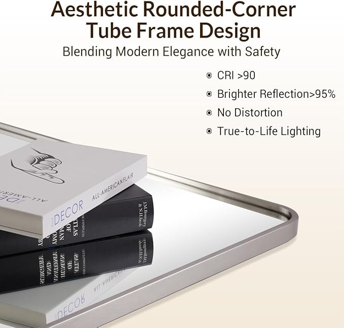 ANDY STAR Mirrors for Wall, 20x28’’ Brushed Nickel Bathroom Mirror, Rounded Rectangle Mirrors for Vanity, Anti-Rust SUS304, Tube Metal Frame, 1’’ Deep Wall Mounted Vertically/Horizontal