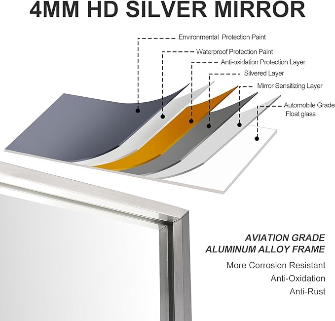 20x40 Inch Silver Bathroom Mirror - Copper-Free Mirror, Aluminum Alloy Frame Vanity Rectangle Wall Mounted Modern Mirror for Bedroom/Living Room/Porch Horizontal or Vertical