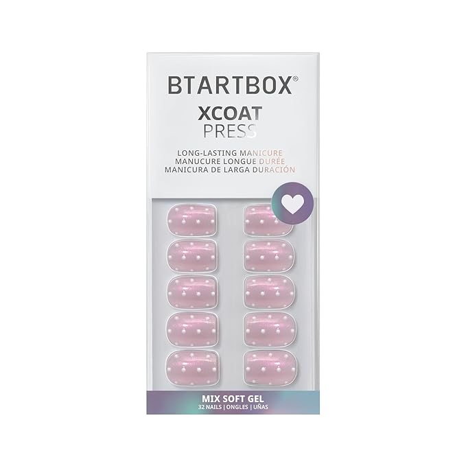 BTArtbox Press On Nails Short - Sugar Pop, Lamp-Curable 3D Polka Dot Glitter Square Press On Nails with Glue and Adhesive Tabs for Women in 16 Sizes - 32 Soft Gel Glue On Nails Kit