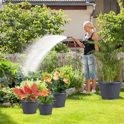 12-inch-Planters-for-Outdoor-Plant，Plastic Indoor Flower Pots with Drainage Holes & Saucer, 4 Packs Decorative Garden Pots for Plantfor Home Porch Decor - Image 2
