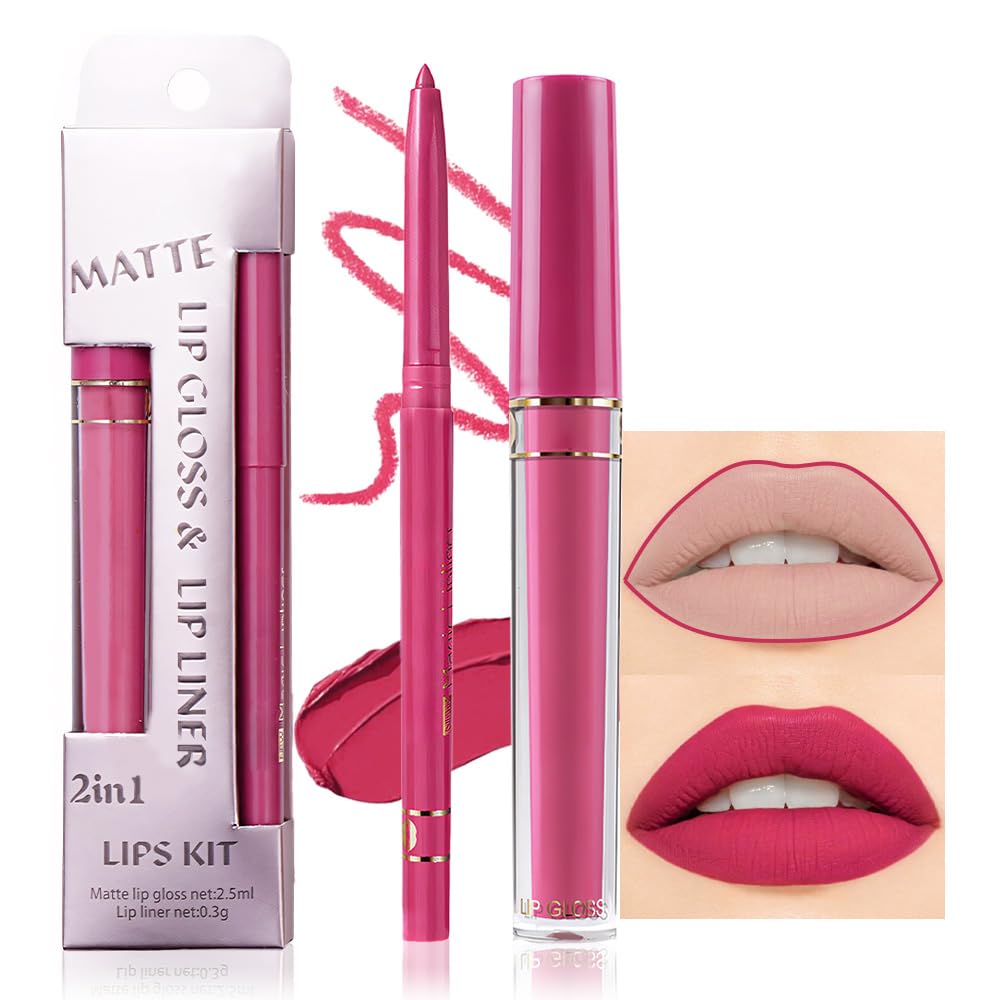 evpct 2Pcs Rose Red Matte Lip Liner and Lipstick Lip Gloss Pencils Makeup Set Kit for Women Long Lasting Waterproof