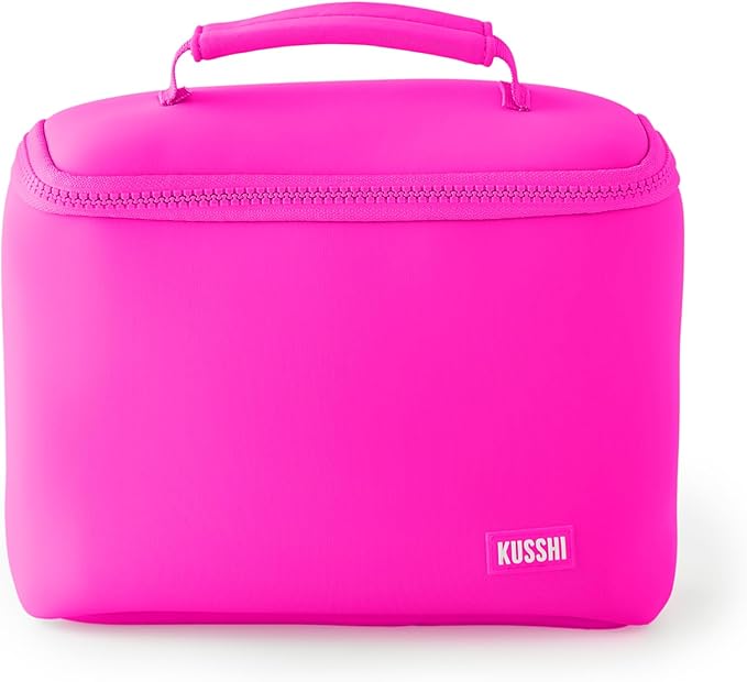 KUSSHI Neoprene Train Case Makeup Bag - Washable Makeup Travel Bag & Vanity Case for Stress Free Travel (Small, Pink/Indigo)