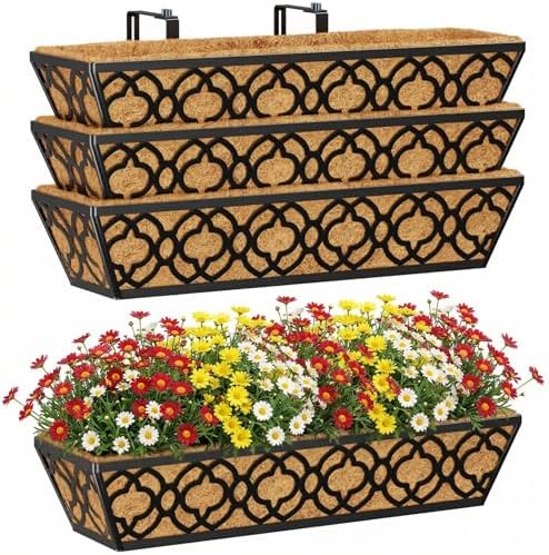 Y&M Deck Railing Planter Boxes, Adjustable Balcony Planter for Outdoor Plants, Metal Railing Planter Box for Deck, Fence and Porch, Window Boxes Outdoor, Sturdy Hanging Planter-24inch 4pcs by YM