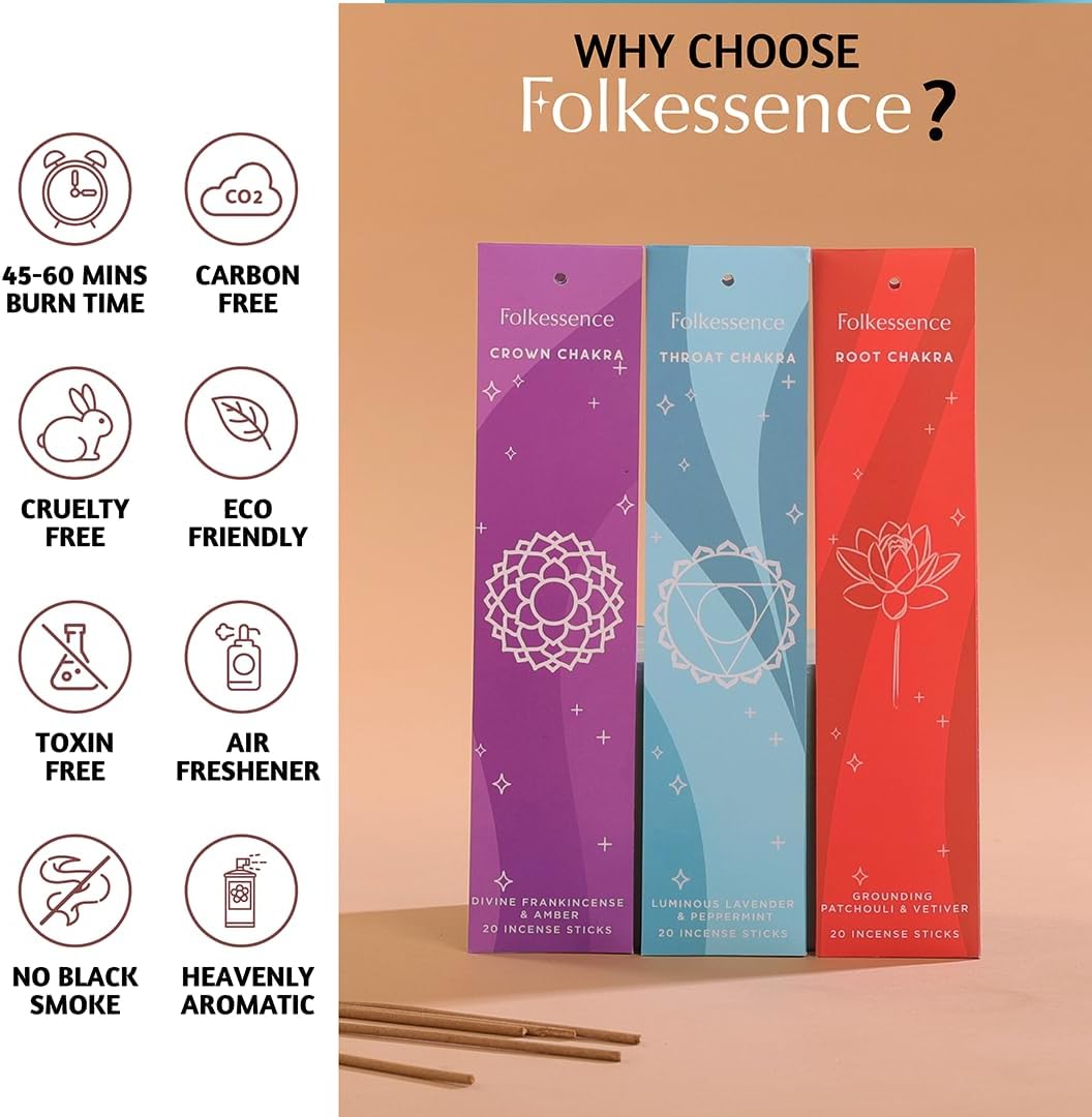 Folkulture Incense Stick for Home | Set of 7 Organic Insenses (140) Insence-sticks for Relaxation with 60 Minute Burn Time | Frankincense, Sage & Tea, Lavender & Peppermint | Non-Toxic Inscents-sticks