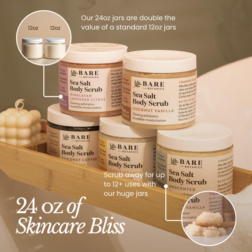 Bare Botanics Coconut Coffee Body Scrub 24oz | Made in Madison, WI | All Natural Sea Salt Exfoliator w/ Skin Loving Moisturizers | Vegan & Cruelty Free | Gift Ready Packaging w/ a Cute Wooden Spoon
