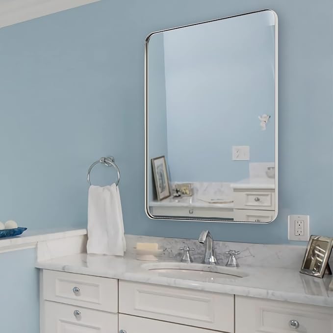 ANDY STAR Chrome Mirror for Bathroom, 30x36 Metal Frame Wall Mirror with Rounded Corner, Modern Rectangle Bathroom Vanity Mirror with Polish Finish