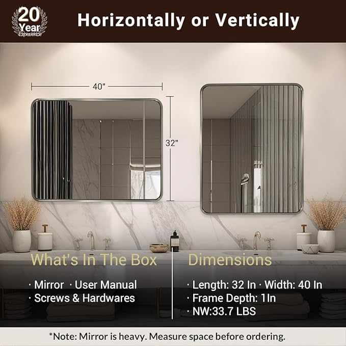 ANDY STAR 40x32 Inch Brushed Nickel Bathroom Mirror, Rounded Rectangle Bathroom Vanity Mirrors for Wall, Anti-Rust SUS304, Seamless Tube Metal Frame, 1’’ Deep Wall Mounted Vertically/Horizontal