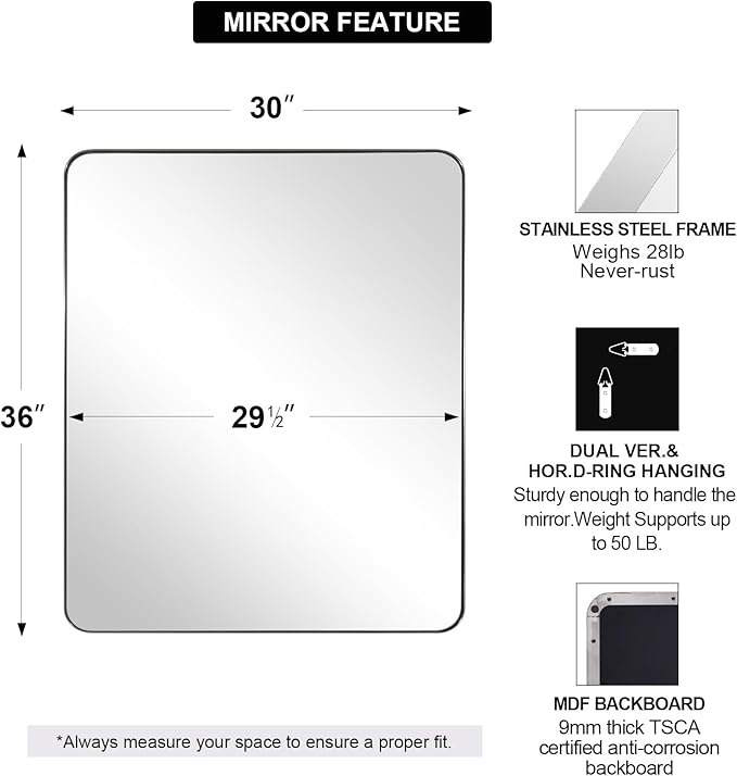 ANDY STAR Chrome Mirror for Bathroom, 30x36 Metal Frame Wall Mirror with Rounded Corner, Modern Rectangle Bathroom Vanity Mirror with Polish Finish