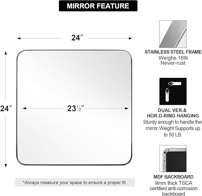 ANDY STAR Chrome Bathroom Mirrors for Over Sink, 24x24 Inch Polished Mirror for Wall, Square Metal Framed Vanity Mirror -Modern Clean Design with Superior Stainless Steel Frame