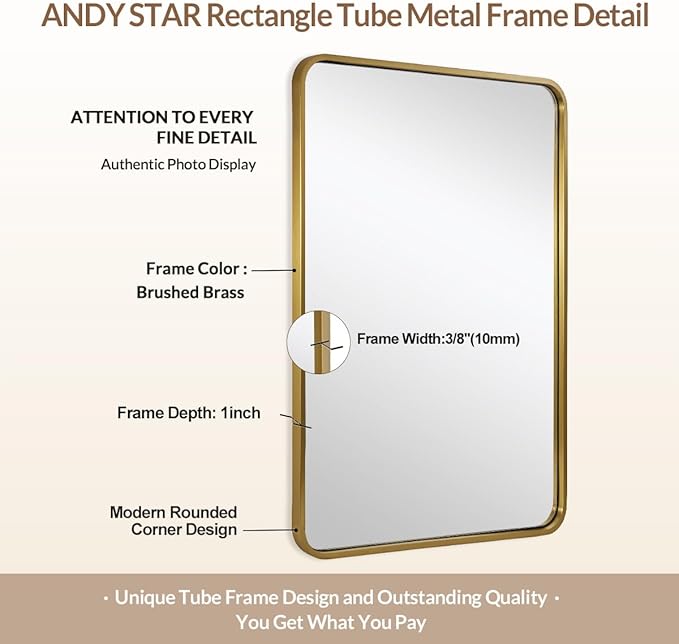 ANDY STAR 24x32 INCH Gold Bathroom Mirror, Brushed Brass Mirror, Rounded Rectangle Mirrors, Anti-Rust SUS304, Tube Metal Framed, 1’’ Deep Wall Mounted Vertically/Horizontal
