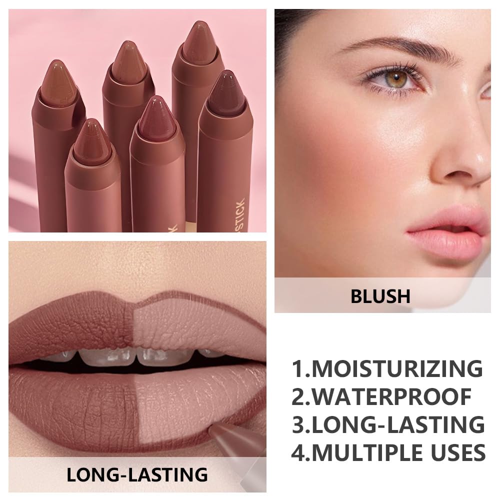 Matte Lipstick Crayon for Women, Nude Brown 24 Hour Lipstick Lip Liner Pencil, Neutral Lip Stick Lipliner Long Lasting Waterproof Smudge Proof, Vegan & Cruelty-Free, 03