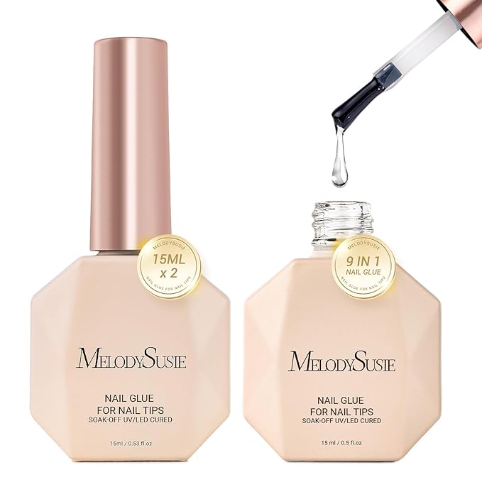 MelodySusie 9 in 1 No TPO Gel Nail Glue for False Nail Tips, Long Lasting UV Light Required,as Base Coat, Apex Building, Blooming & Rhinestone Gel, Stong Adhesion Manicure Kit Salon Home 2Pcs*15ml