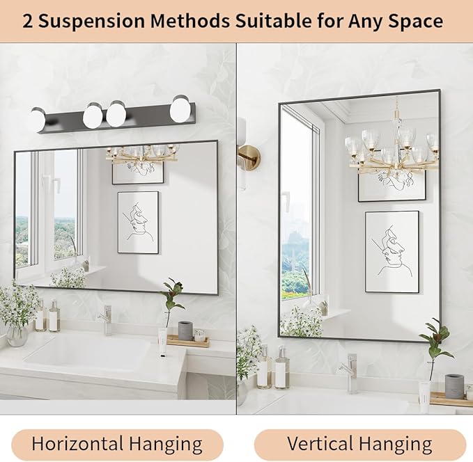 Koonmi Black Mirrors for Wall, 26x38 Inch Bathroom Mirror, Rectangular Wall Mirror for Living Room Bedroom Bathroom, Hangs Horizontally or Vertically