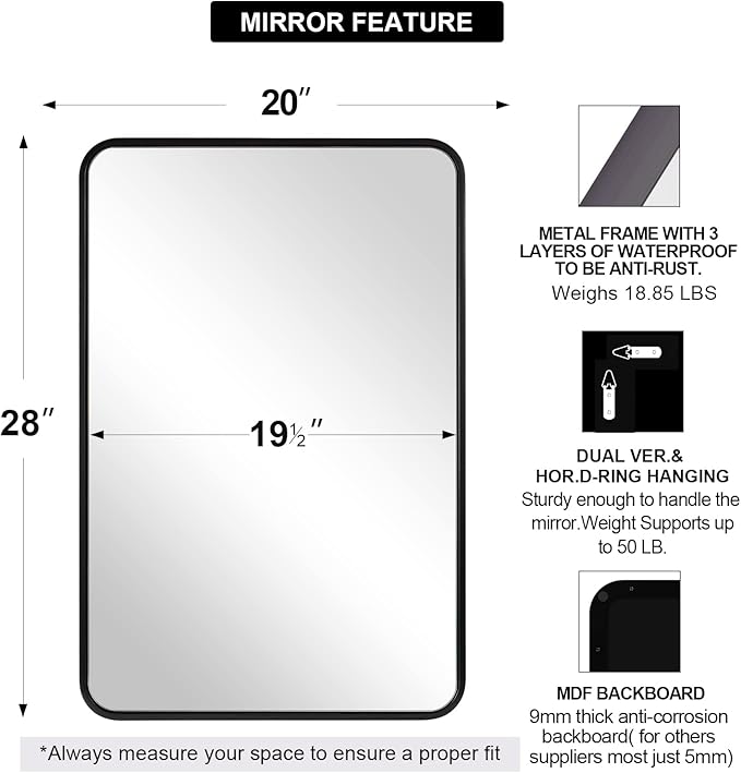 ANDY STAR Matte Black Mirror for Bathroom, 20x28 Inch Rounded Rectangle Mirror, Modern Vanity Mirror Tube Metal Frame HD Reflection Wall-Mounted Mirrors Vertically or Horizontally