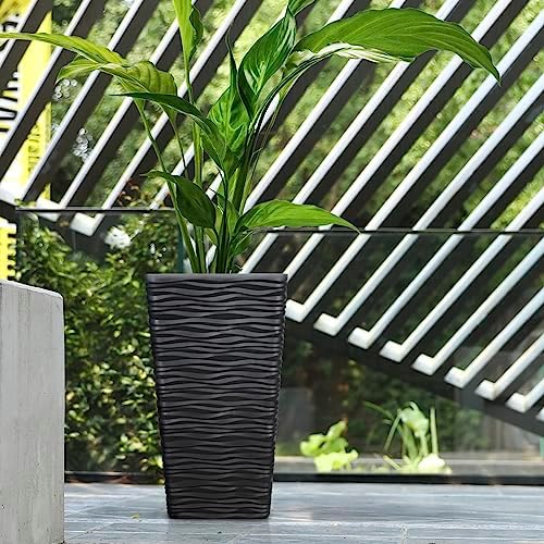 Worth Garden 2-Pack Black Tall Planter - Plastic Square Tapered Tree Plant Pots with Drainage Hole for Indoor Outdoor - 22" H Modern Wavy Finish Decorative Flower Pots for Front Porch Patio Deck - Image 3