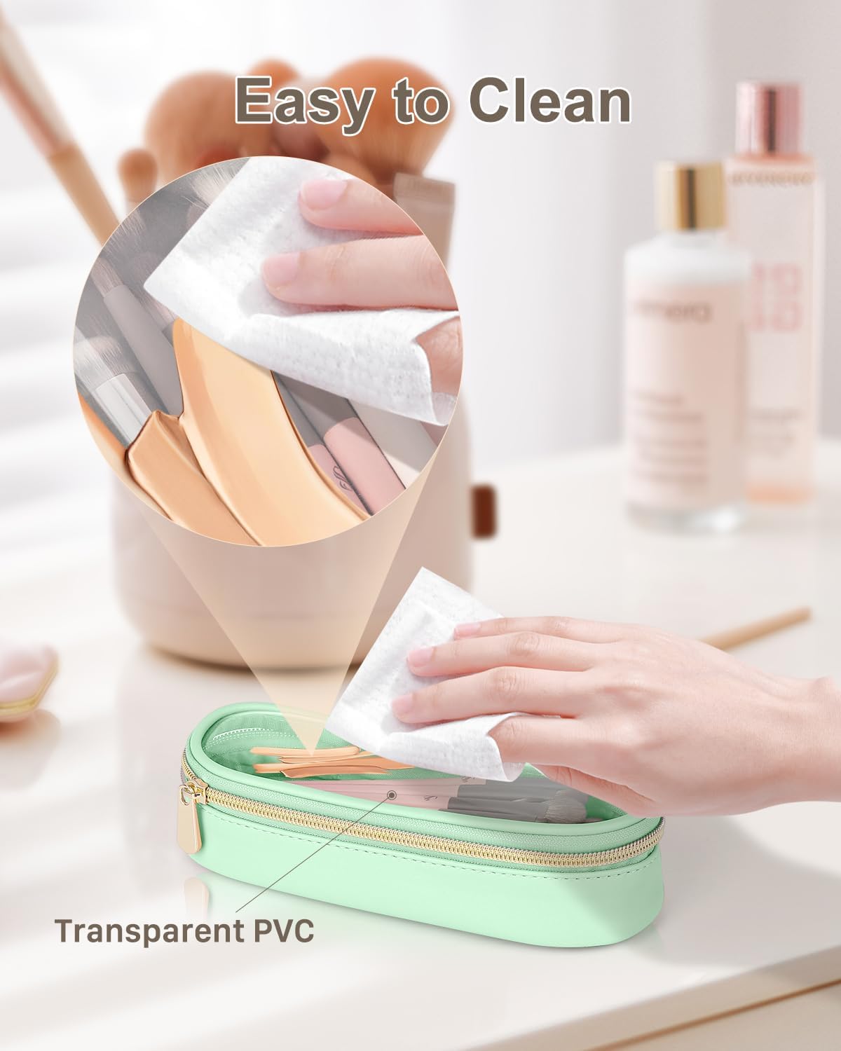 Clear Travel Makeup Brush Holder, Leather Makeup Brush Toiletry Bag, Portable Cosmetic Brush Case, Transparent Waterproof Makeup Brush Storage Bag, Mint Green