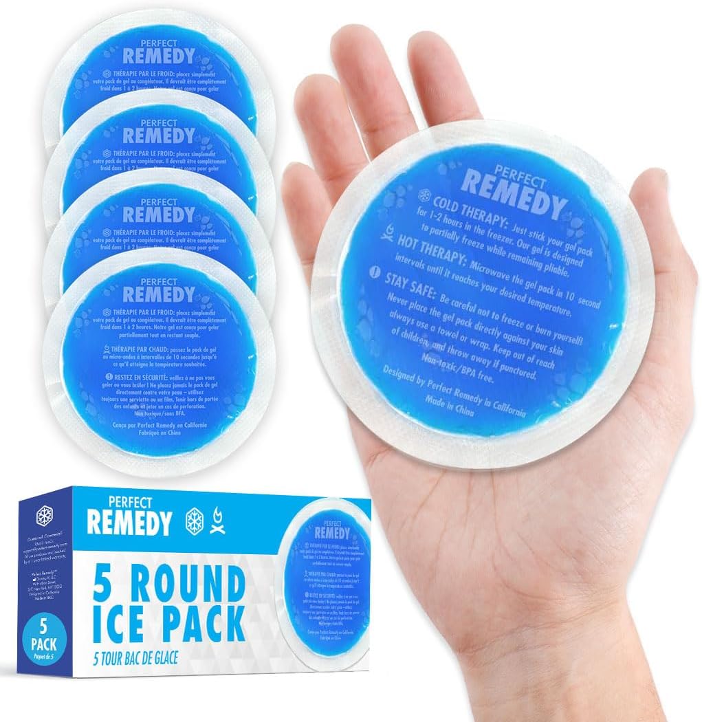 Perfect Remedy Round Gel Ice Pack, Hot & Cold Compress Reusable Injury Ice Pack Aid for Pain condition, Soothing Soft Gel for Soreness & Muscle Strain Support, Hot Water Bottle Alternative (5Pk, Blue)
