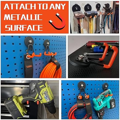 ULIBERMAGNET Heavy Duty Magnetic Garage Hooks,Strong Large Magnet Hooks for Power Drill,Garden Tools,Hose,Pegboard,Garage, Workshop,2 Pack Magnetic Storage Holder for Indoor Outdoor Hanging(Orange) - Image 3
