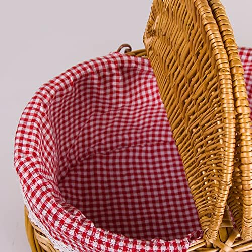 Wicker Picnic Basket with Lid and Handle Sturdy Woven Body with Washable Plaids Liner,Red - Image 3