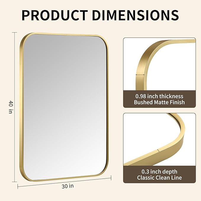 Gold Bathroom Mirror, 40x30 Inch Aluminum Frame Rectangle Mirror, Anti-Rust, Tempered Glass, Wall Mirror for Over Sink, Vanity, Bedroom, Entryway, Horizontal/Vertical