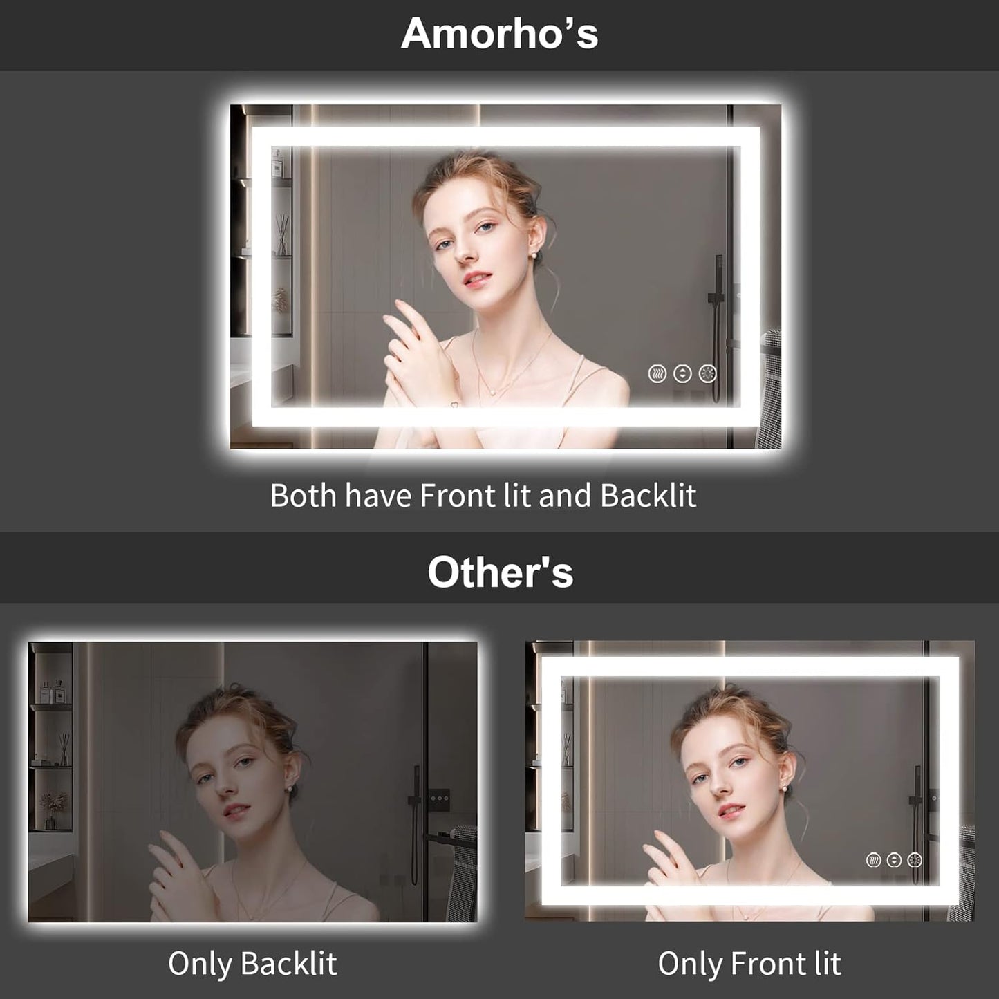 Amorho LED Bathroom Mirror, 20" X28" with Front Light and Backlit, Stepless Dimmable Wall Mount Mirrors, Anti-Fog, Shatter-Proof, Memory, 3 Colors Lihgting, LED Vanity Mirror(Horizontal/Vertical)