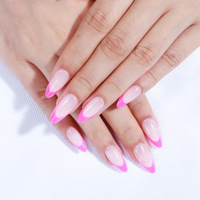 Rnker French Tip U Shape Press On Nails - Pink, Almond Top gel Nails with Bright Finish, 15 Sizes - 30 Nail Kit with Glue