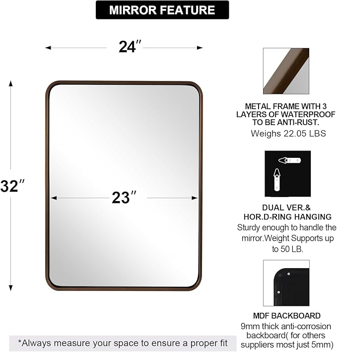 ANDY STAR 24x32 INCH Bronze Bathroom Mirror, Rounded Rectangle Oil Rubbed Bronze Mirrors for Bathroom,Tube Metal Framed, 1’’ Deep Wall Mounted Vertically/Horizontal