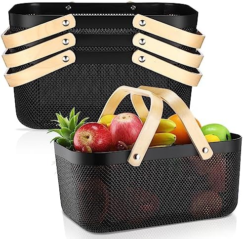 Sadnyy 4 Pcs Plastic Mesh Garden Harvest Basket Storage Basket with Wooden Handle Multi Functional Mesh Bin for Kitchen Cabinet Picnic Fruit Vegetable Gathering Organizer(Large,Black) by Sadnyy