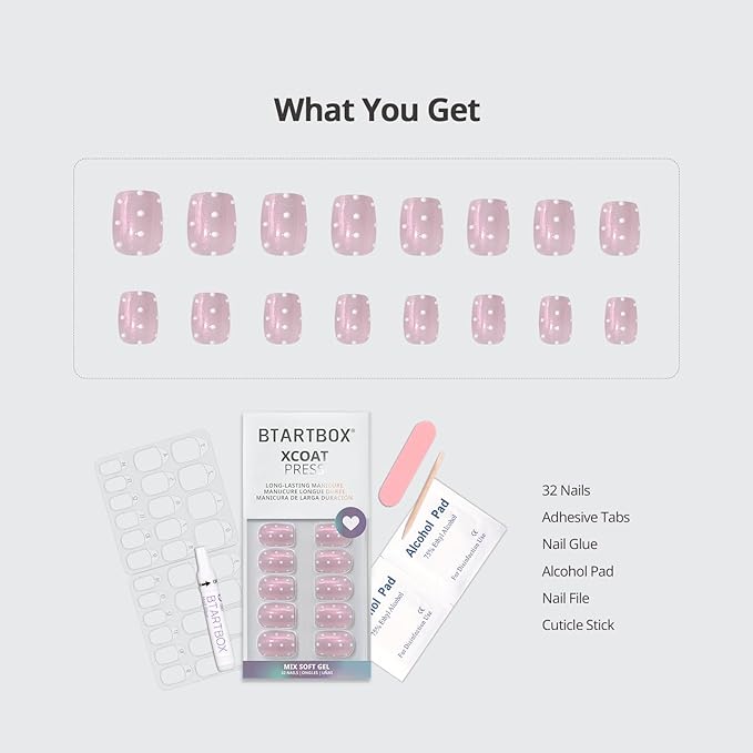 BTArtbox Press On Nails Short - Sugar Pop, Lamp-Curable 3D Polka Dot Glitter Square Press On Nails with Glue and Adhesive Tabs for Women in 16 Sizes - 32 Soft Gel Glue On Nails Kit