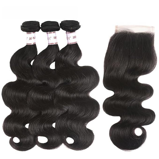 Bundles with Closure Brazilian Body Wave 3 Bundles with Closure Virgin 100% Unprocessed Human Hair Extensions 4x4 Free Part Lace Closure Natural Color (16 18 20+14)