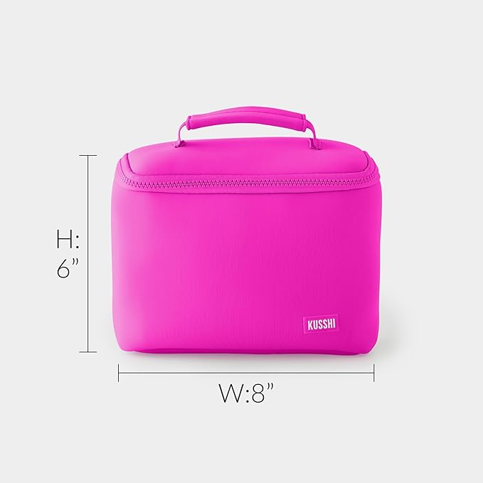 KUSSHI Neoprene Train Case Makeup Bag - Washable Makeup Travel Bag & Vanity Case for Stress Free Travel (Small, Pink/Indigo)