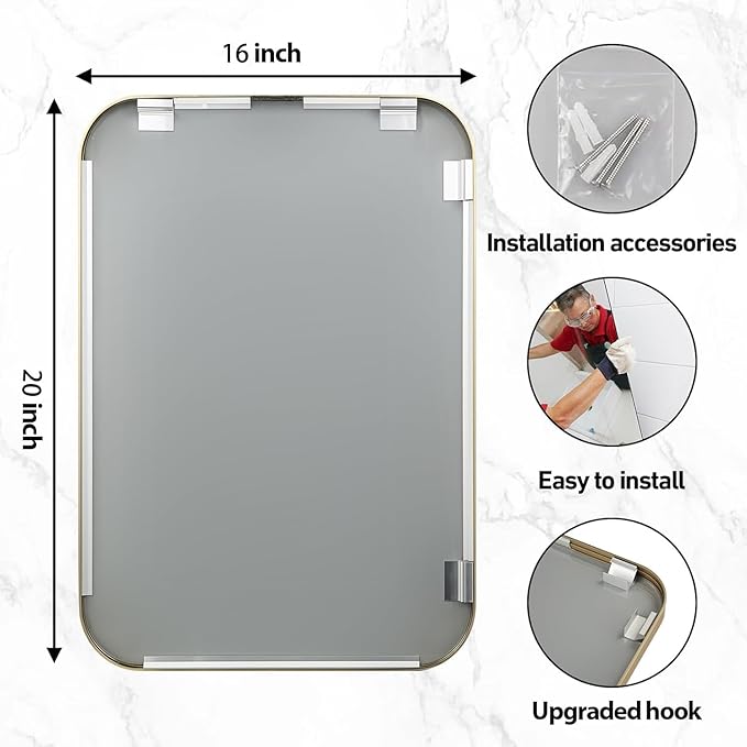 16x20 Inch Gold Bathroom Mirror, Brushed Brass Gold Metal Framed Rectangular Mirror with Rounded Corner, Bathroom Vanity Mirror for Bedroom or Living Room, Horizontal/Vertical