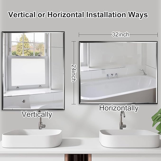 24x32 Inch Black Bathroom Mirror - Copper-Free Mirror, Metal Frame Vanity Rectangle Wall Mounted Modern Mirror for Bedroom/Living Room/Porch Horizontal or Vertical