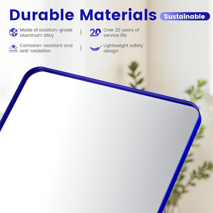 24" x 28" Blue Bathroom Mirror Wall Mounted, Matte Aluminum Alloy Frame with Rounded Corners, Shatterproof Tempered Glass, Anti-Rust HD Vanity Mirror for Bathroom, Bedroom, Entryway