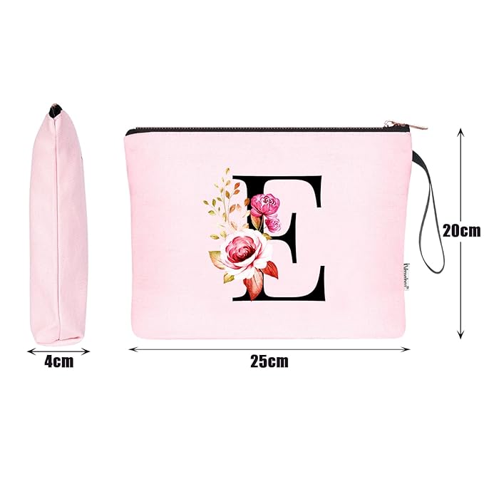 Vavabox A-Z Personalized Makeup Bag, Birthday Gifts for Women Mom, Gifts for Best Friend, Bride Bridesmaid Cosmetic bag (E, Pink)