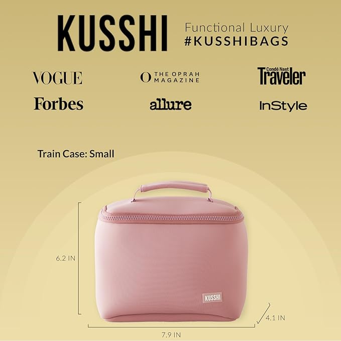 KUSSHI Neoprene Train Case Makeup Bag - Washable Makeup Travel Bag & Vanity Case for Stress Free Travel (Small, Mauve/Stone)