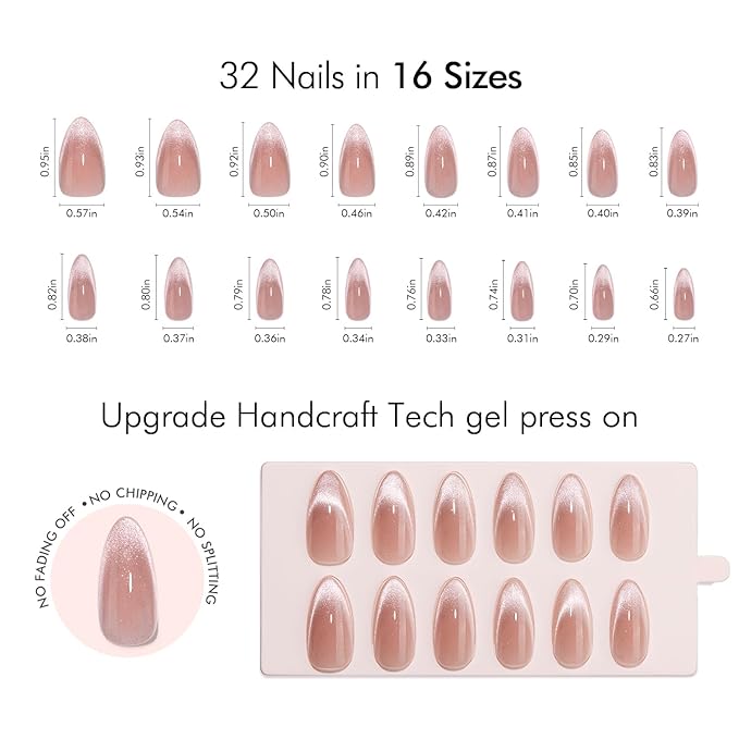 VSALON Press On Nails Almond, 32 Pcs 16 Sizes Cat Eye Press On Nails French Tip Nude Medium Sparkly Fake Nails With UV Glue Reusable Stick On Nails Semi-transparent Valentines Gift For Women