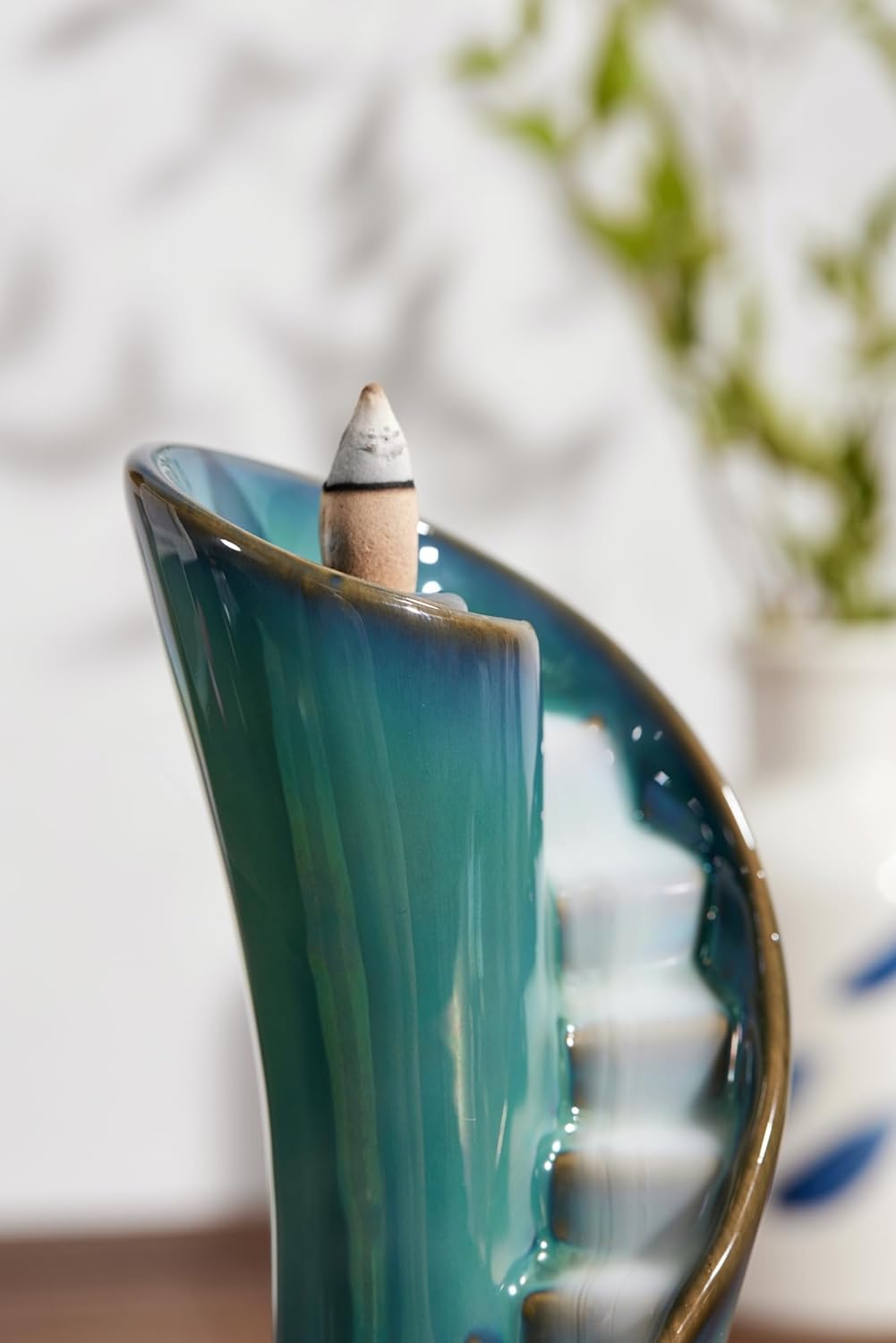 Unique Cloud Stairs Ceramic Waterfall Incense Holder, Paired with a Pack of Backflow Incense Cones. (Blue)