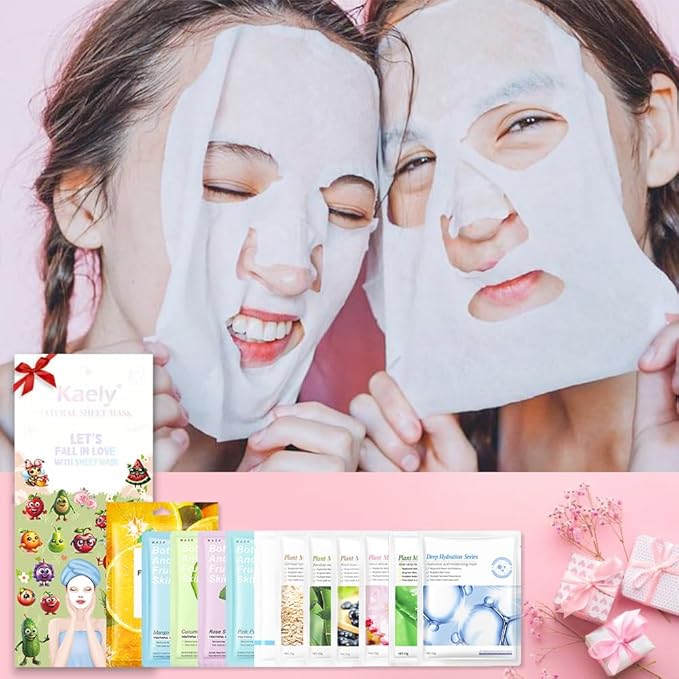 Kaely 12 Pack Variety Face Masks for Kids, Kids Face Mask Spa Day Kit Supplies, Spa Party Favors for Teens Girls Women, Sheet Facial Mask Skincare Gifts Set, Hydrating Nourish for All Skin Types, 02