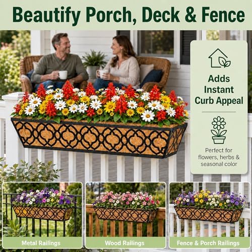 HFHOME 24 Inch Deck Railing Planter Box with Horse Trough Coco Liner, 24" Window Boxes with Coconut Coir Liner, Black Metal Hanging Flower Planter Basket for Outdoor Indoor Lawn - 4 Pack - Image 6