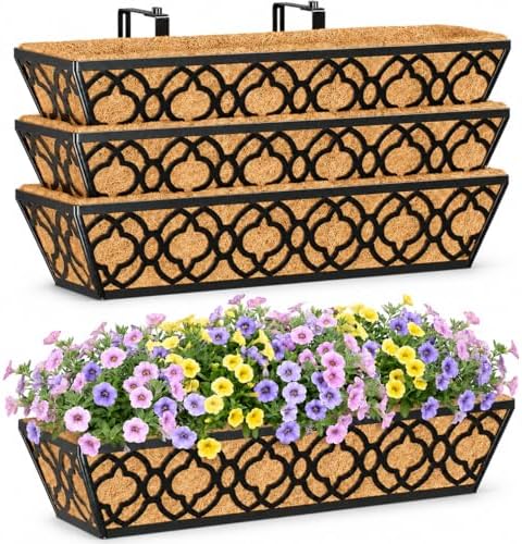 Y&M 4pcs 24 Inch Window Deck with Coconut Coir Liner, 24" Railing Planter Horse Trough Coco Basket Boxes Metal Hanging Flower Balcony for Outdoor Garden Fence Lawn by YM