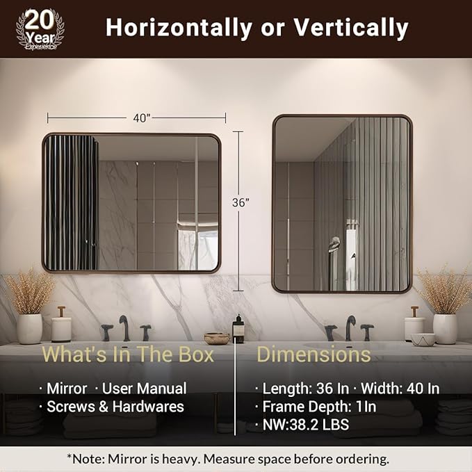 ANDY STAR 40x36 Inch Bronze Bathroom Mirror, Rounded Rectangle Oil Rubbed Bronze Mirrors for Bathroom,Tube Metal Framed, 1’’ Deep Wall Mounted Vertically/Horizontal