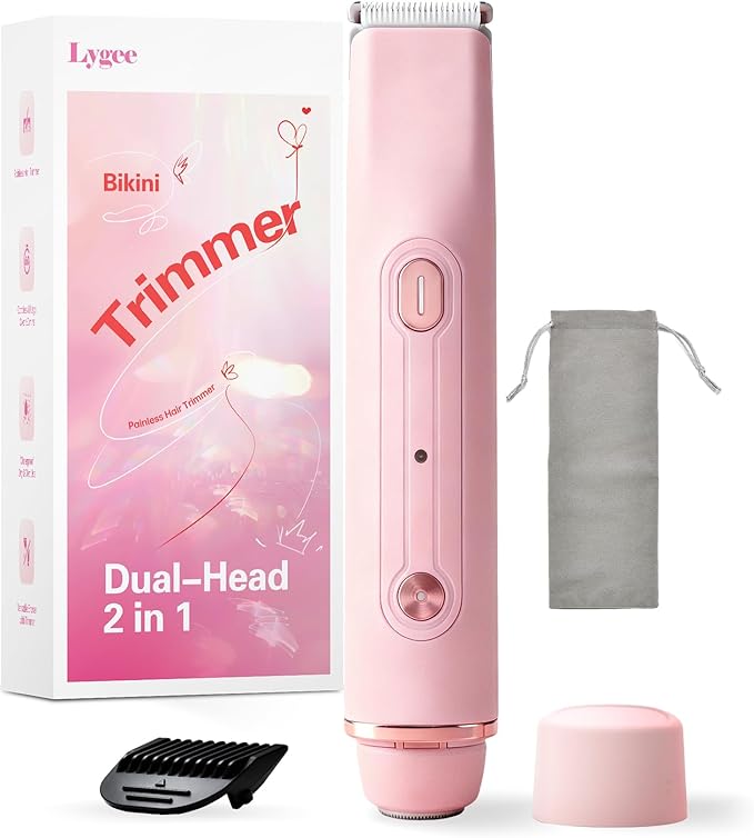 Bikini Trimmer for Women: Painless Body Hair Electric Razor - Dual Head All in 1 Versatile Shaver for Pubic Area, Leg and Face, Cordless and IPX7 Waterproof for Daily Personal Use, Pink