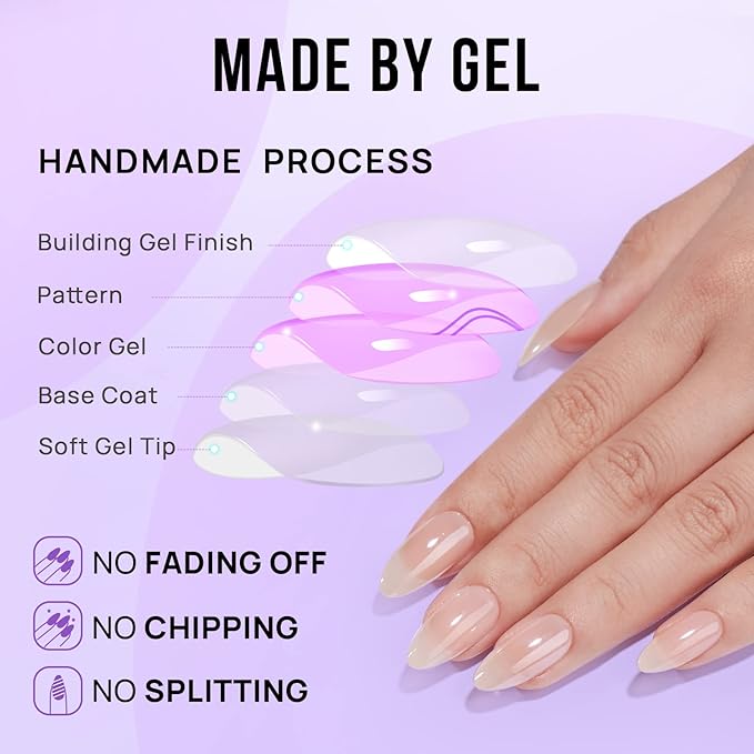 BTArtbox Press On Nails Medium Almond - Press on Nails Chrome Nails, Light Weight & Fit Perfectly Fake Nail with Nail Glue, Nude Glue On Nails in 16 Sizes, Glazed Donut